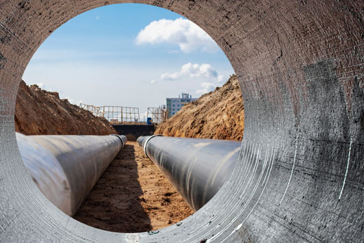 View through a concrete pipe toward underground utility pipelines installed in a trench