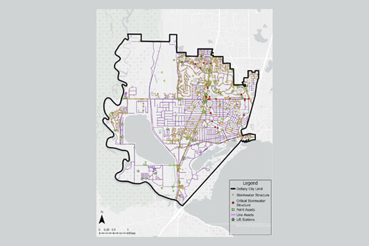 City infrastructure map showing stormwater systems, critical assets, and flood risk areas