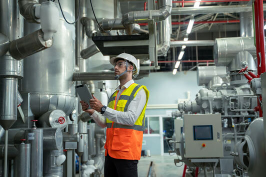 Technician in safety gear inspecting industrial piping and mechanical equipment in a treatment facility