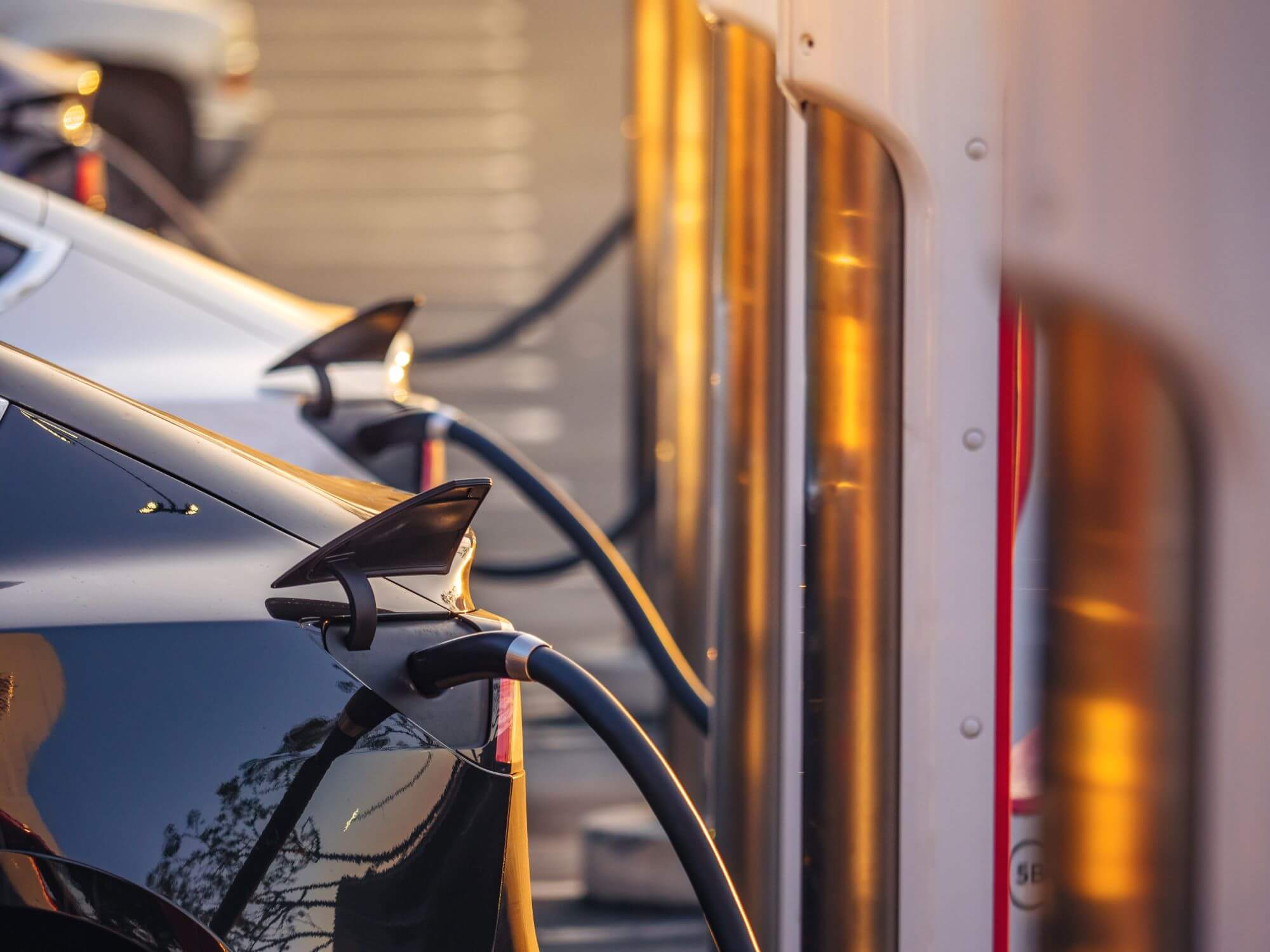 Electric vehicles charging at sunset