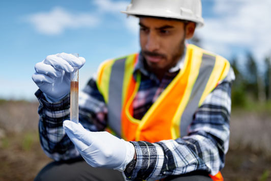 Environmental technician collecting a soil sample in a test tube during field assessment